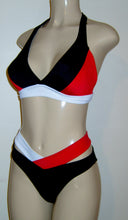 Load image into Gallery viewer, Goddess Halter Top and Goddess Bikini Bottom with contrasting colors. Seam constructed top and bikini bottom with separate waistband. 
