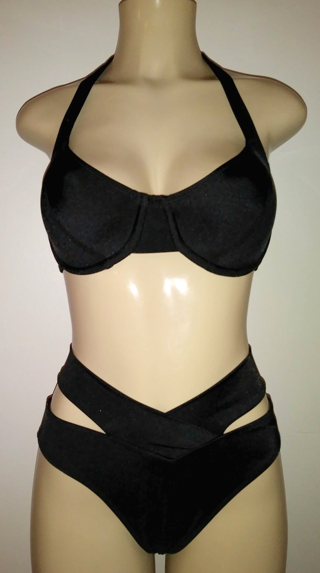 halter top bikini with high waisted bottoms