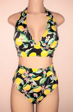 Load image into Gallery viewer, Lemon print halter two-piece swimsuit