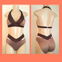 Load image into Gallery viewer, Seam halter bikini top and strappy high waisted bikini bottom