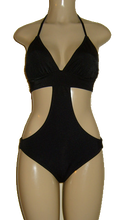 Load image into Gallery viewer, Mirasol Swimwear rib band monokini with triangle top. Black monokini with wide elastic at hips
