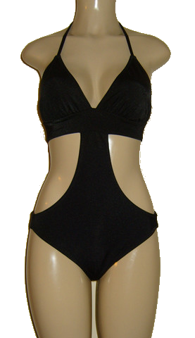Mirasol Swimwear rib band monokini with triangle top. Black monokini with wide elastic at hips