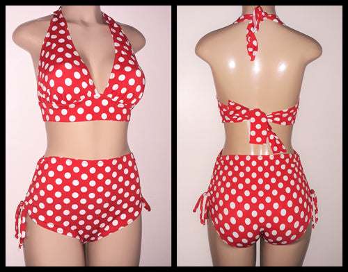 Thick tie back halter bikini top and High waisted adjustable bikini bottom 