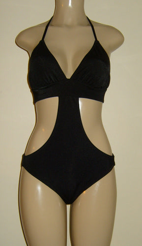 Triangle top monokini with rib band under bust and bottom with side band on hips. 