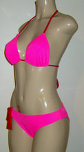 Load image into Gallery viewer, Pink and red triangle top and timeless bikini bottom with hip tie
