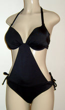 Load image into Gallery viewer, Black underwire push up monokini with tie halter neck and adjustable hipster sides. 
