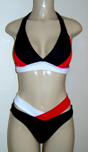 Load image into Gallery viewer, Goddess Halter Top and Goddess Bikini Bottom with contrasting colors. Seam constructed top and bikini bottom with separate waistband. 
