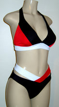Load image into Gallery viewer, Goddess Halter Top and Goddess Bikini Bottom with contrasting colors. Seam constructed top and bikini bottom with separate waistband. 
