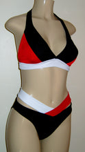 Load image into Gallery viewer, Goddess Halter Top and Goddess Bikini Bottom with contrasting colors. Seam constructed top and bikini bottom with separate waistband. 
