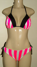 Load image into Gallery viewer, Pink and white stripe triangle top and Keyhole bottom with contrasting black trim
