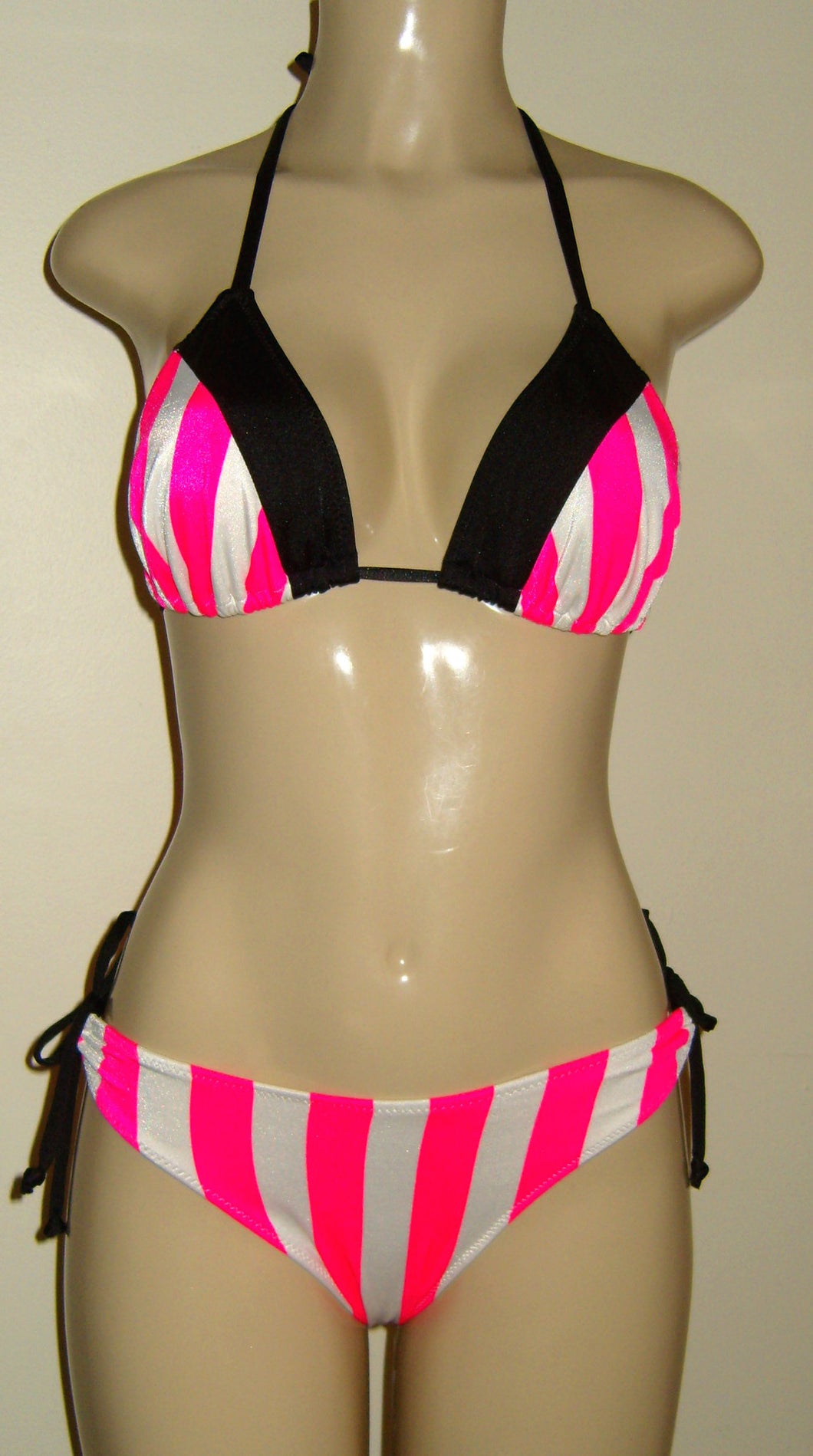 Pink and white stripe triangle top and Keyhole bottom with contrasting black trim