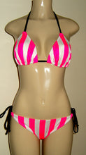Load image into Gallery viewer, Candy Cane Pink and White stripe bikini with black trim. Triangle top and Single tie bottom with puckers
