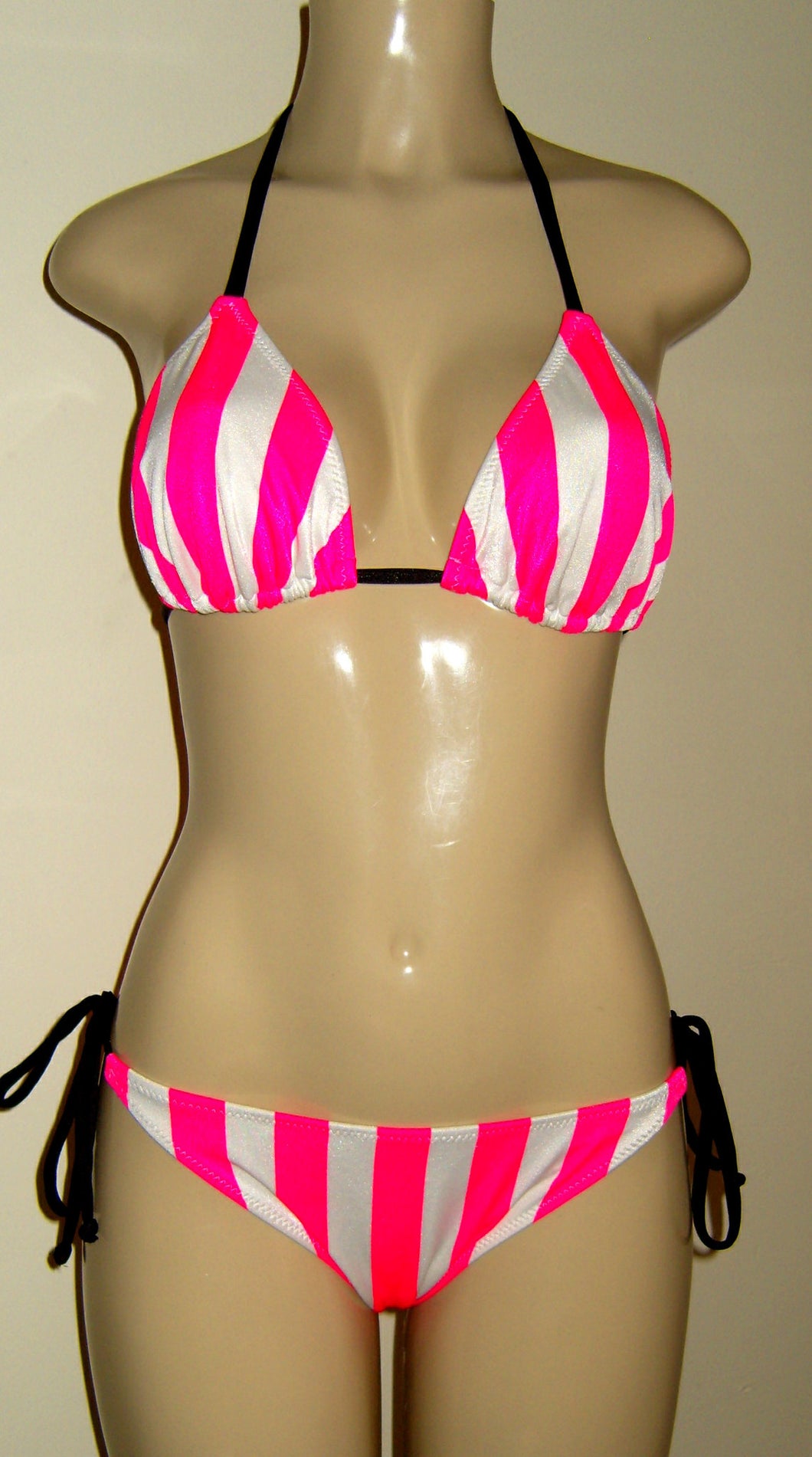 Candy Cane Pink and White stripe bikini with black trim. Triangle top and Single tie bottom with puckers