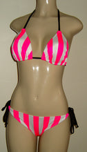 Load image into Gallery viewer, Candy Cane Pink and White stripe bikini with black trim. Triangle top and Single tie bottom with puckers
