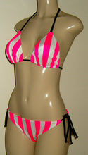Load image into Gallery viewer, Candy Cane Pink and White stripe bikini with black trim. Triangle top and Single tie bottom with puckers
