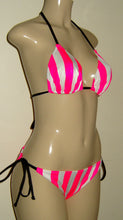 Load image into Gallery viewer, Candy Cane Pink and White stripe bikini with black trim. Triangle top and Single tie bottom with puckers
