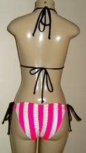 Load image into Gallery viewer, Candy Cane Pink and White stripe bikini with black trim. Triangle top and Single tie bottom with puckers
