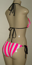 Load image into Gallery viewer, Candy Cane Pink and White stripe bikini with black trim. Triangle top and Single tie bottom with puckers
