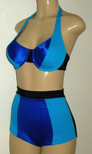 Load image into Gallery viewer, Halter underwire bikini top and high waisted pin up color block bottom

