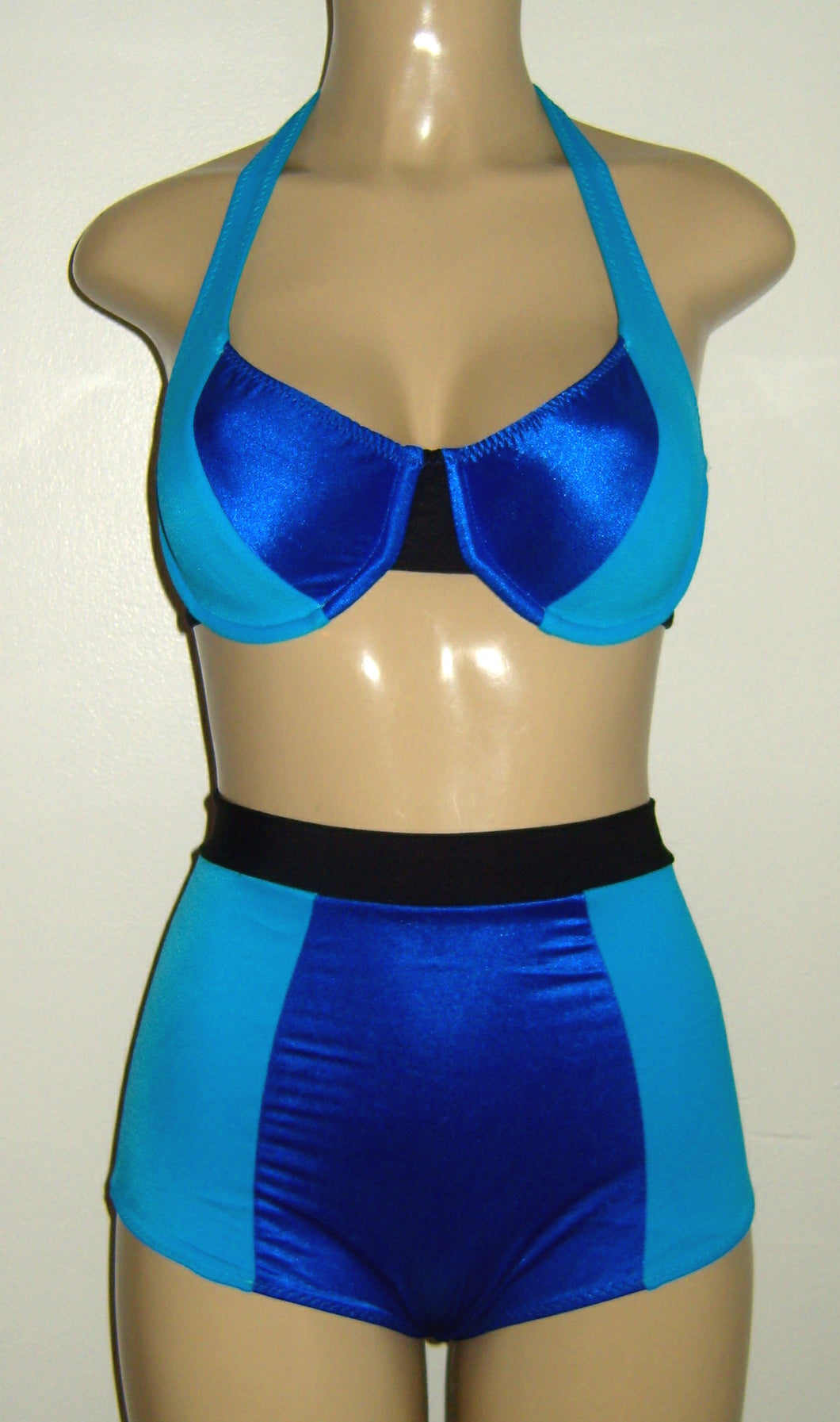 Halter underwire color block bikini top and High waisted color block bikini bottom