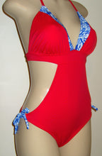 Load image into Gallery viewer, Red triangle top monokini. Scrunched butt.

