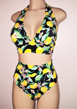 Load image into Gallery viewer, Lemon print tie halter bikini top and High waist-band bikini bottom
