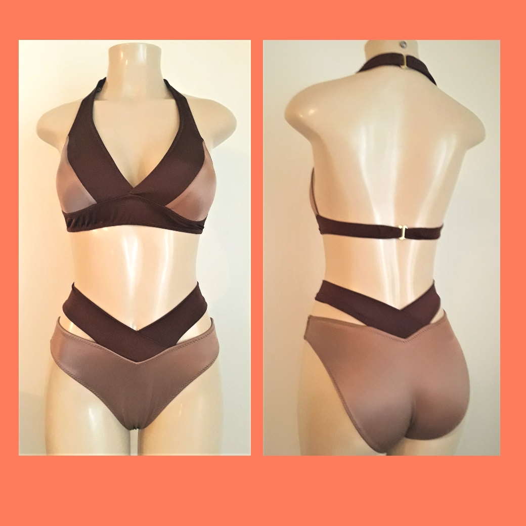 Seam halter bikini top and strappy high waisted bikini bottom